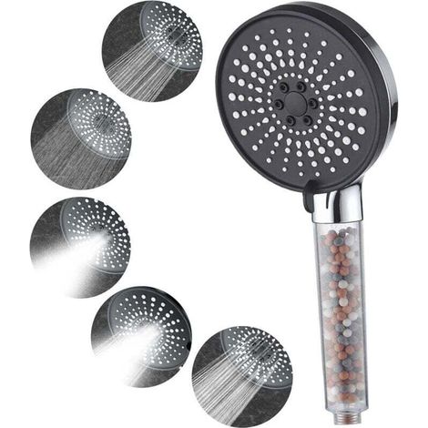 Pomme de douche économe en eau, pomme de douche anticalcaire, pomme de douche haute pression (6 jets), plaqué (1/4)