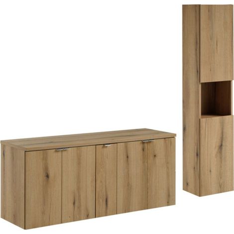 Set da bagno sospeso VANO in rovere 170cm: mobili sottolavabo con ante + piano per lavabo + colonna