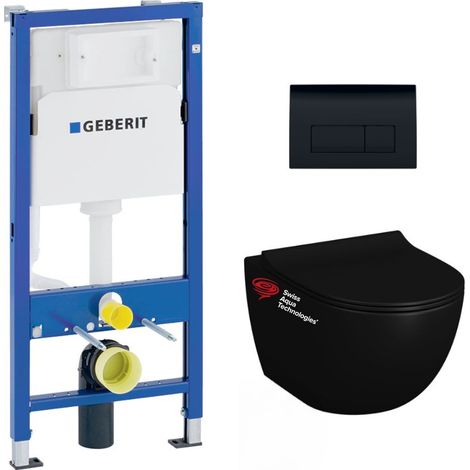 Pack WC Bastidor Geberit Duofix + WC sin brida SAT Infinitio 2.0 Negro mate + Asiento cierre suave + Placa Delta 50 Negro