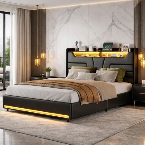 Lit coffre 160x200 cm avec éclairage LED et charge USB, lit double capitonné avec rangement et tete de lit, sommier à lattes, PU, noir (1/5)