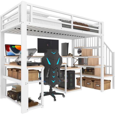 Lit mezzanine 90 x 200 cm avec bureau, étagères, LED, rangement intégré et ports USB, structure en métal et MDF blanc pour chambre d'ado - CHICFURN (1/5)