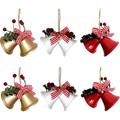 Set mit 6 Christbaum-Glocken zum Aufhängen mit Schleife und rotem