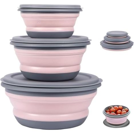 Lot de 3 bols pliables - Vaisselle de camping en silicone avec couvercle - Accessoires de camping - Saladier - boîtes de conservation - Gadgets de camping pour camping, randonnée, cuisine (1/4)