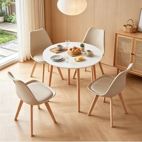 Conjunto de mesa de comedor redonda con 4 sillas de madera, plástico y polipiel, 80 cm, blanco (1/5)