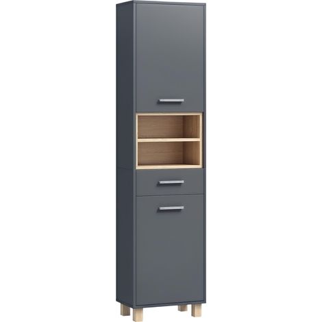 Colonne salle de bain, meuble salle de bain rangement avec 2 placards, tiroir et 2 compartiments ouverts, gris