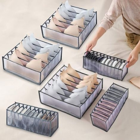 6 tiroirs organiseur de sous-vêtements pliable, grande capacité boîte de rangement pour lingerie, chaussettes et brassières, casier textile compressible, tiroir de tri pour penderie ou commode (1/5)