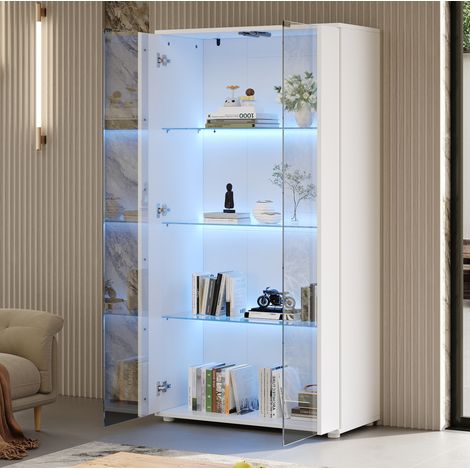 Vitrine à 2 portes vitrées, 4 étagères et LED réglable, meuble de salon blanc en bois et verre, 80x36x150 cm (1/5)