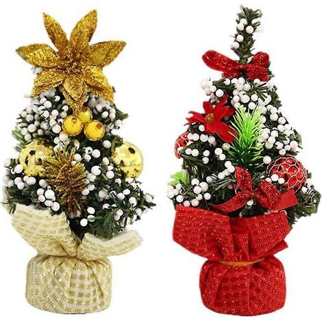 Lot de 2 mini sapins de Noël, décorations pour chambre, bureau ou vitrine, idéal pour le Nouvel An, la maison, les fêtes, les hôtels (doré et rouge).-21X11X11cm