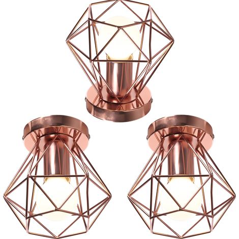 (3X) Plafonnier Rétro Lampe De Plafond D'Intérieur Vintage Or Rose Luminaire Plafonnier Cage En Fer Métallique , Pour Cuisine, Bureau