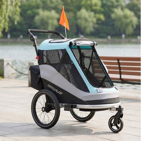 Remorque vélo et poussette pliable 2 en 1 pour enfants avec freins, ceinture 5 points et pneus 16 pouces (1/5)