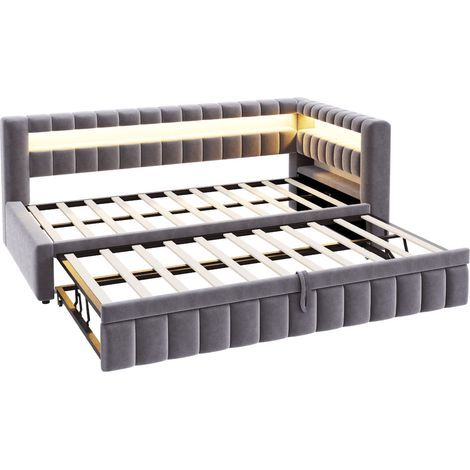 Divano letto estraibile imbottito 90x200 cm in velluto grigio scuro con LED, USB e USB-C MODENUIT (1/5)
