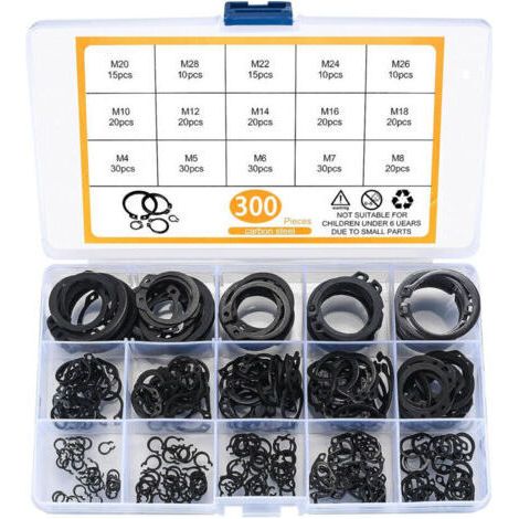 Kit de 300 circlips assortis M4-M28 – Anneaux de retenue externe – Pour roulements, arbres et pièces mobiles – Rangement pratique (1/4)