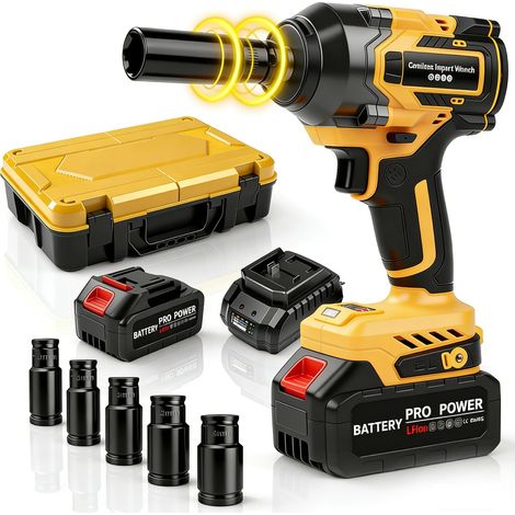 Boulonneuse à Choc Sans Fil, 650 N.m Clé à Choc Sur Batterie Sans Fil Brushless Avec 2x 4.0 Ah Batteries, 6 Douilles, 2800RPM 5 Vitesses Visseuse A Choc Avec Lumière Led Pour La Voiture Et La Maison (1/5)