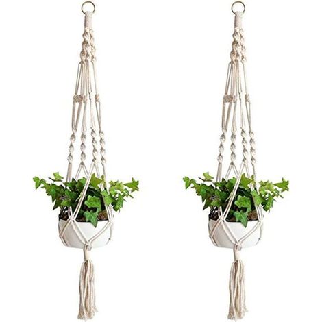 Lot de 2 suspensions pour plantes, panier en macramé, corde de coton, support fleurs, intérieur extérieur, décoration maison bureau (1/5)