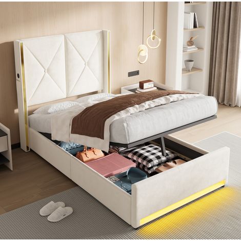 Bett Bett mit Stauraum USB Samt 90x200 Beige OKMYHOME (1/5)