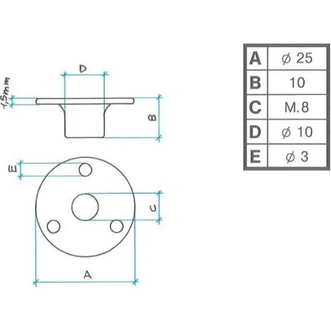 RONDELLA PER MOBILI Ø mm 25 M8 - foro viti mm 3 Q.TA 20 Ø mm 25 M8 - foro viti mm 3
