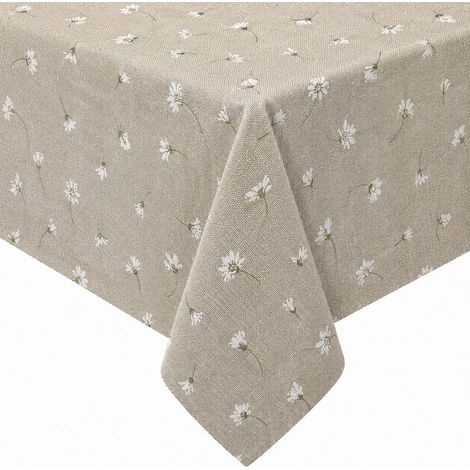 Nappe en résine résistante aux taches avec marguerites blanches sur fond beige, étanche 80 % coton fabriqué en Italie Cm.140x300 x18 personnes (1/5)