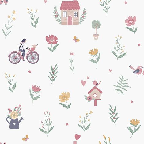 Papier peint jardin fleuri fille vélo fond blanc (1/2)