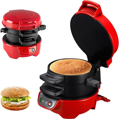 Appareils à Sandwiches, 600W Burger Maker avec revêtement antiadhésif, Grill Sandwich/Hamburger Avec Compte à Rebours Numérique, lavable au lave-vaisselle pour un petit déjeuner rapide (Red)