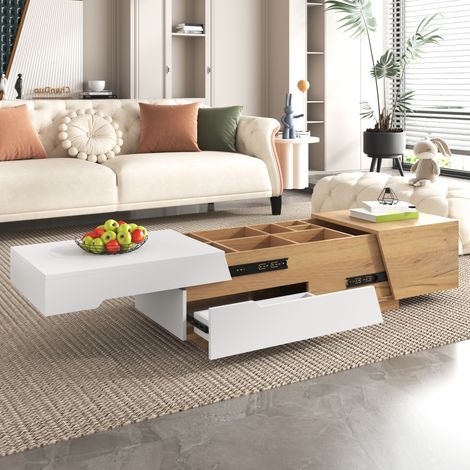 Couchtisch 120x50x37,5cm mit innovativem Auszugsmechanismus, weißes MDF und Naturholz