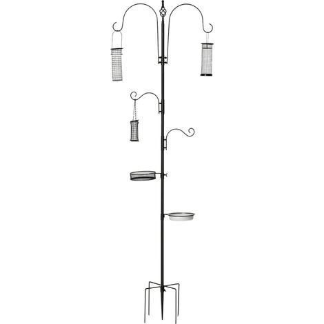 Station d’alimentation multifonction pour oiseaux en acier noir, 208 cm de hauteur, avec 4 crochets, bain d’oiseaux intégré, mangeoire, colonne d’alimentation complète — idéale pour jardin, terrasse o (1/5)