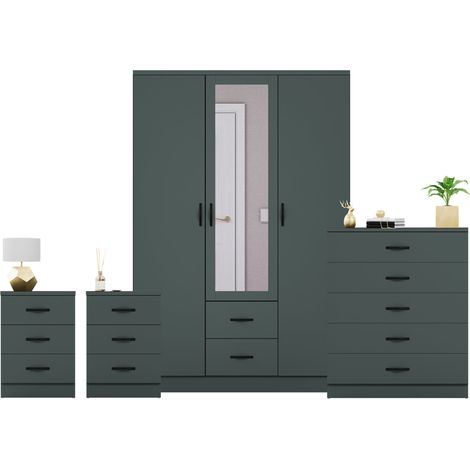Riano 3 Piece Bedroom Set (3 Drw Bedside Chest, 5 Drw Chest, 3 Dr 2 Drw Mirrored Wardrobe), Green (1/3)