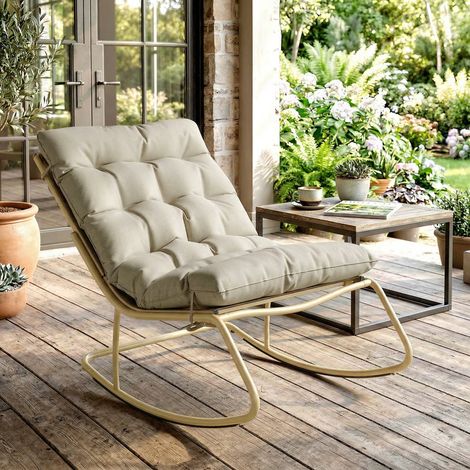 Rocking Chair de Jardin Fauteuil à Bascule Coussin Moelleux 125cm Large 64cm en Acier et Textilène Beige et Doré