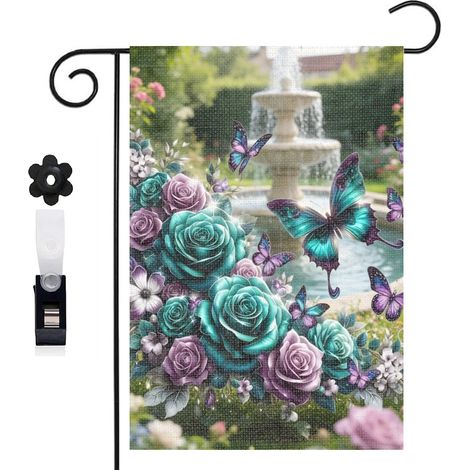 Drapeau de jardin papillons et roses violettes pour l'été 30 x 45 cm décoration cour et balcon (1/5)