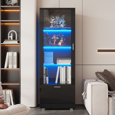 Vitrines avec portes en verre, en verre éclairées par LED, 40x50x160CM, en bois, noir(3 étagères) (1/5)