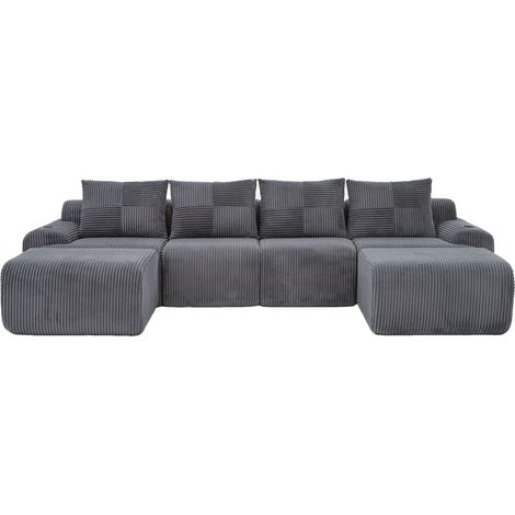 Divano modulare 4 posti in tessuto di velluto grigio scuro con 2 pouf (1/5)