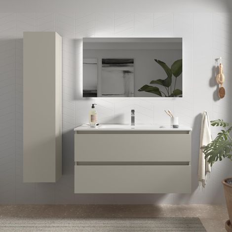 Mueble de Baño BEQUIA 100cm Gris mate 2 cajones Lavabo 1 poza Porcelana (1/5)