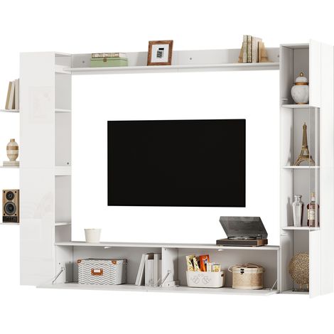 TV Wohnwand mit 2 Klappturen, 1 Acryltur und 4 offenen Fachern, fur Wohnzimmer, aus MDF, Weiss, 245×30×170 cm (1/5)