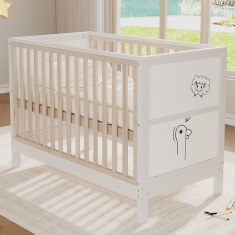 Lit bébé 120 x60 x 90cm tableaux à peindre 3 hauteurs réglables convertible en lit cododo ou canapé bois massif blanc naturel EN716 (1/5)