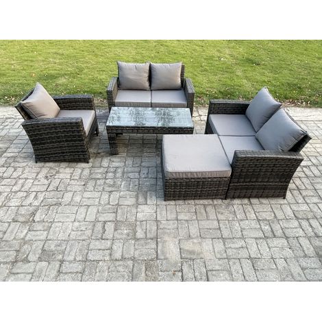 Fimous 5pcs Rattan Outdoor Garden Furniture Sofa Set with Coffee Table Big Footstool Dark Grey Mixed (1/5)