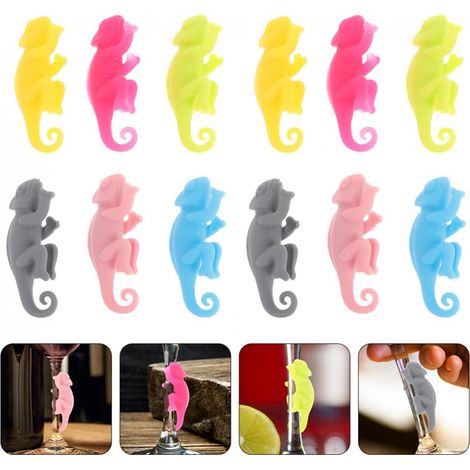 Ensemble de 12 marque-verres en silicone en forme de lézard : breloques et marqueurs de bord de verre en forme d’animaux – couleurs aléatoires pour identifier les boissons lors de soirées entre amis, (1/5)