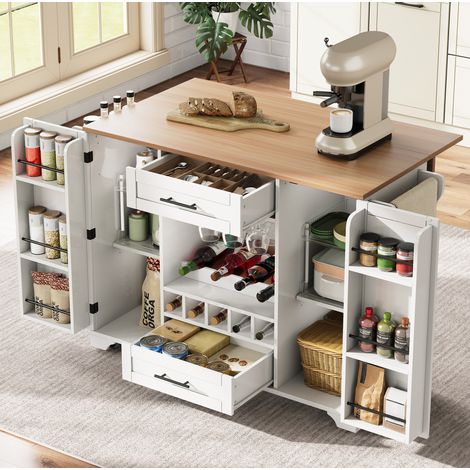 Mueble de cocina con ruedas, tablero abatible, 138 x 70 x 92 cm, blanco y natural HAVRYA (1/5)