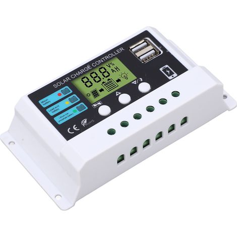 Régulateur solaire photovoltaïque 10A 12V/24V auto-adaptatif puce industrielle écran LCD protection surcharge boîtier plastique blanc domestique industriel commercial avec notice (1/5)