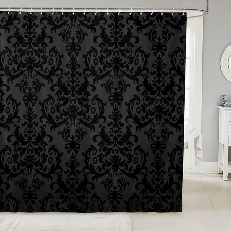 Rideau de Douche damassé Noir pour Adultes – Antique Victorien Baroque Gothique – 182,9 x 182,9 cm (l x L) – Rideau de Bain Vintage Floral bohème Exotique Gris avec 12 Crochets (1/5)