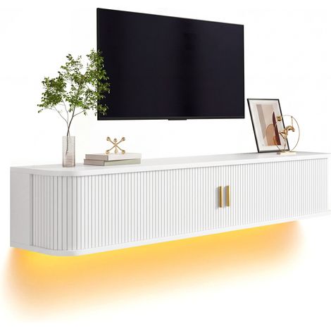 Gain de place : Meuble TV suspendu 175 cm blanc, LED via appli, portes cannelées, accès robot aspirateur (1/5)