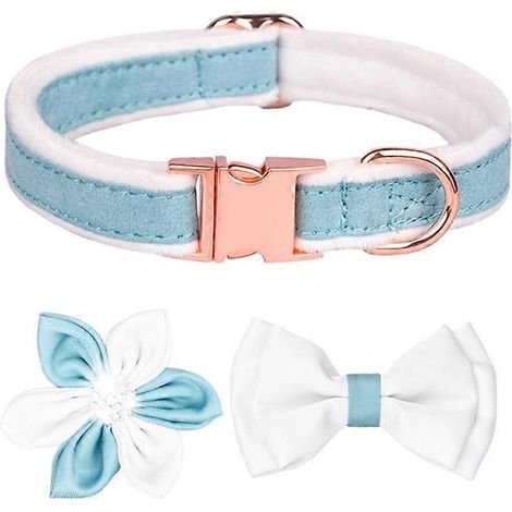 Prinz Katzenhalsband, Hundehalsband mit Blumenschleife, funkelndem Kristall, 3-teiliges Set in Blau und Weiß, Größe S.