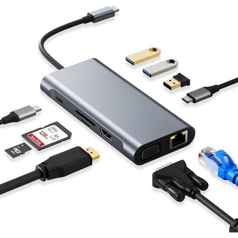 (10 in 1)HUB USB C, Station d'accueil,Adaptateur USB C 10 en 1 avec HDMI 4K,VGA,100W PD,USB 3.0,USB-C,Ethernet RJ45,Lecteur de Carte SD/TF (1/5)