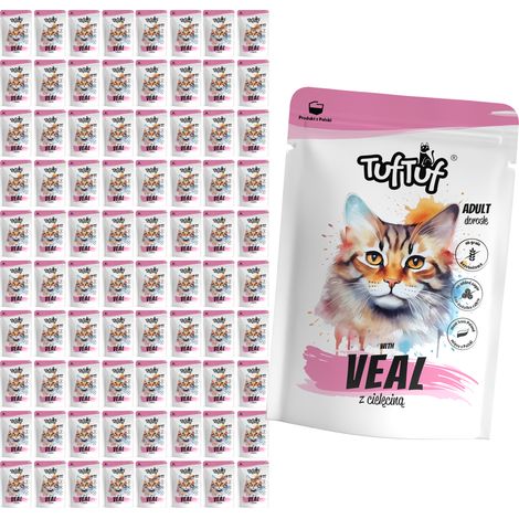 Aliment humide pour chat TufTuf, sachet de veau, 80 x 100 g, viande en conserve (1/2)