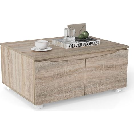 Costway – Table basse rectangulaire avec rangement – 4 portes à ouverture double – Patins antidérapants – Finition bois chêne – Dimensions 80 x 60 x 37 cm (1/5)