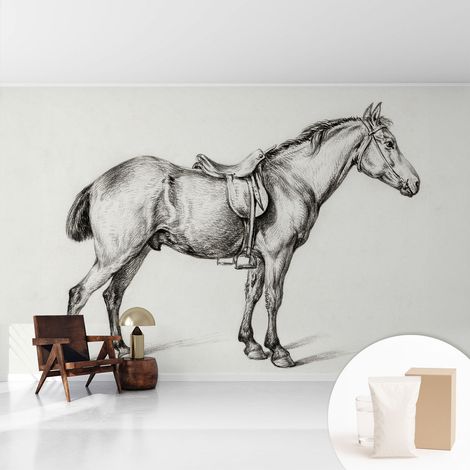 Papier peint intissé décoratif avec colle pour salon chambre et bureau Installation rapide Esquisse de cheval 416x254 cm (1/5)