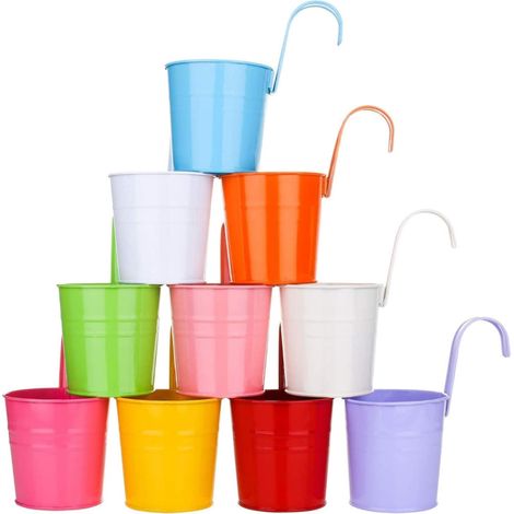 10 pots de fleurs suspendus en métal, avec trou de drainage et crochet amovible, assortiment de couleurs, pour balcon et terrasse (1/5)