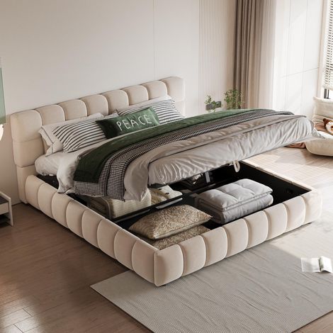 Lit Coffre 140x190 cm Velours Beige, Lit Double Rembourré - avec Sommier à Lattes, Tête de Lit Rembourrée, Design Élégant - Lit avec rangement hydraulique (1/5)