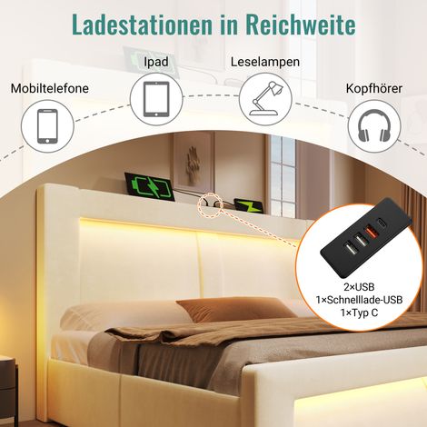 Lit 2 places 180x200 avec coffre, sommier relevable hydraulique, éclairage LED via appli, prises USB-C, tissu velours, tête courbée, beige, matelas non inclus (1/5)