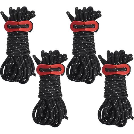 Corde de tente réfléchissante, corde de camping pour camping en plein air, randonnée, auvent, tente (noir), 4 pièces
