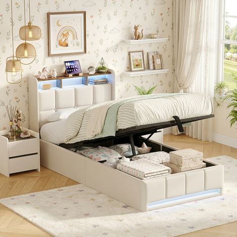 Stauraumbett 90x200 cm mit LED und USB - Einzelbett für Erwachsene & Kinder aus Leinen - Kopfteil mit Ablage und Typ-C-Anschluss - Hydraulischer Lattenrost - Beige