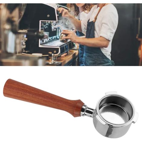 Modifikation einer De'Longhi Kaffeemaschine mit drei 51 mm Edelstahlgriffen, bodenlosem einlagigem Filterhalter, 1-2 cm Grifflängenfehler und Griffmulde aus brasilianischem Rosenholz im F-Stil. (1/5)
